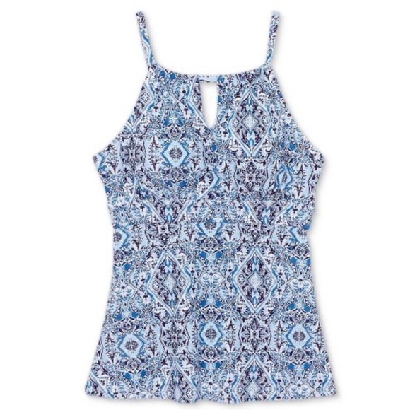 KONA SOL Halter Blue Floral Botanical‎ Blue & White Tankini Swimsuit Swim Top - Picture 12 of 14